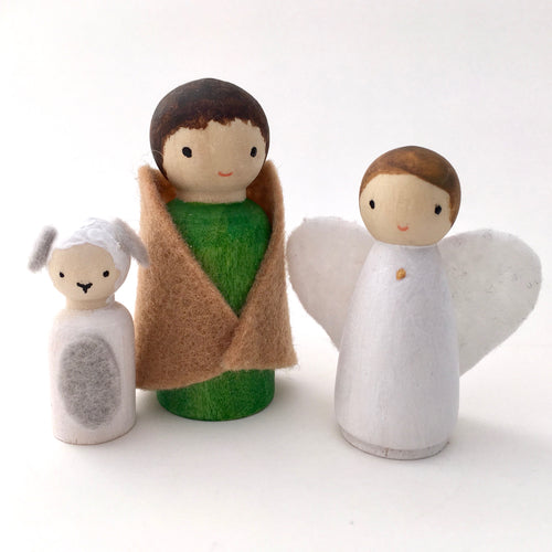 Shepherd, angel and sheep peg dolls for Happyful nativity set