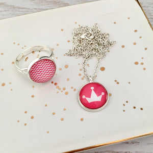 Pink princess crown girls pendant necklace with pink ring