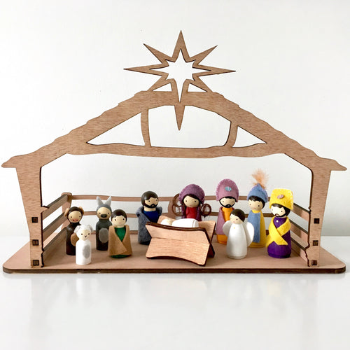 Nativity set NZ, handpainted and hand crafted peg dolls with manger and stable