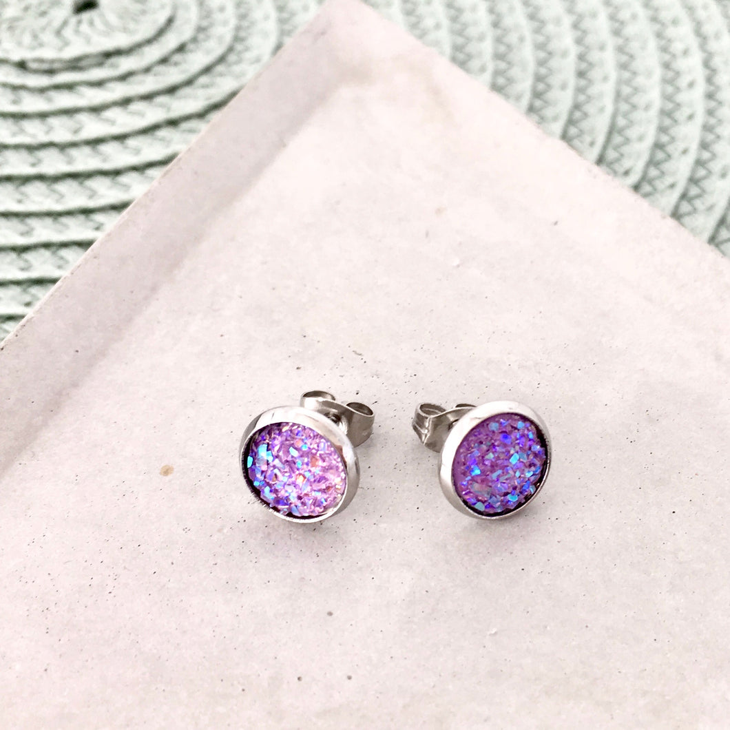 Light purple sparkle faux druzy mini 8mm stud earrings