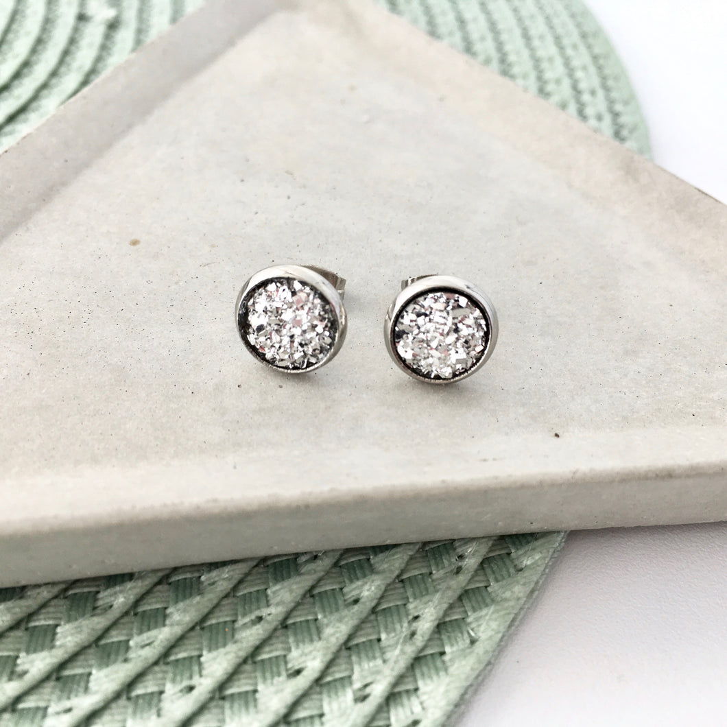 bright silver sparkle druzy stud earrings mini nz
