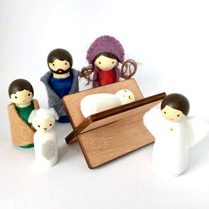 Mini handcrafted peg doll nativity set with manger, Happyful Nz