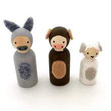 Donkey, cow and sheep nativity animals, handpainted peg dolls