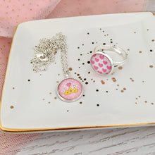 Princess crown party necklace and ring set in pink for girls