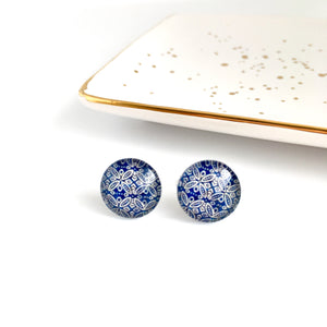 Navy blue hypoallergenic glass dome studs floral