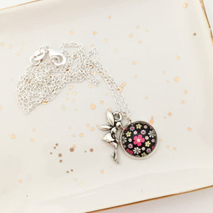 Girls black and pink flower glass dome pendant necklace with fairy charm and silver chain 