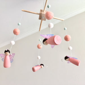 Peach peg doll baby mobile with fairy peg dolls and felt balls, wooden hanging for nursery