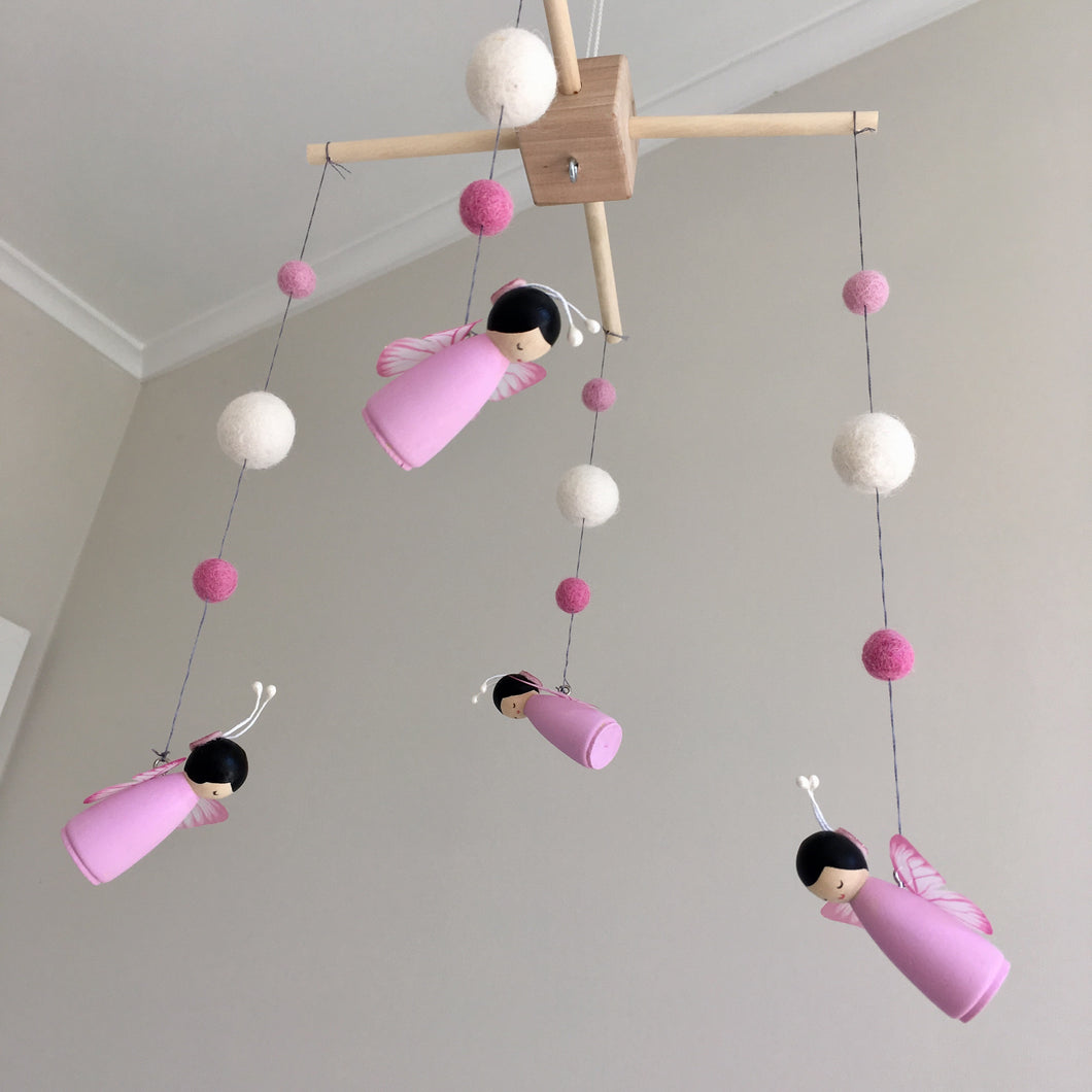 Pink and white fairy peg doll and felt ball nursery baby mobile with wooden hanging