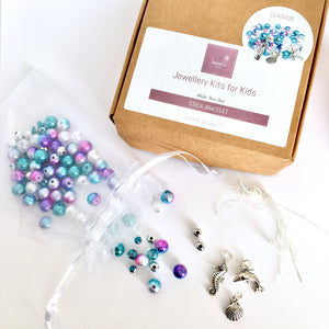 DIY seaside blue and purple make your own jewellery kit, seaside party, party kit, jewellery making party, seahorse, dolphin and shell charms, makes three bracelets to stack