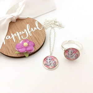 Pink elephant girls pendant necklace and ring